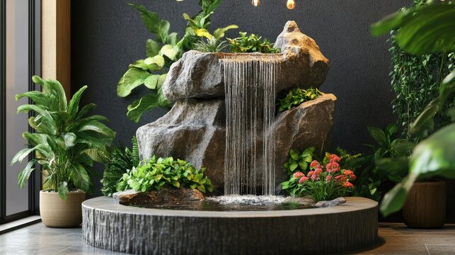 Small cascading fountain with a natural stone appearance and vibrant greenery around it.