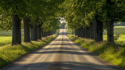 Obraz premium Sundappled rural dirt road flanked by vibrant green fields and tall trees : Generative AI