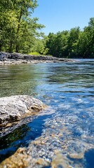 Scenic Riverside View of Calm Waters Under Clear Blue Sky with Lush Green Forest and Rocky Shoreline : Generative AI