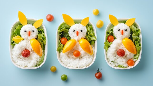 Creative food art fun-shaped rice characters in a colorful kitchen setting whimsical presentation engaging concept