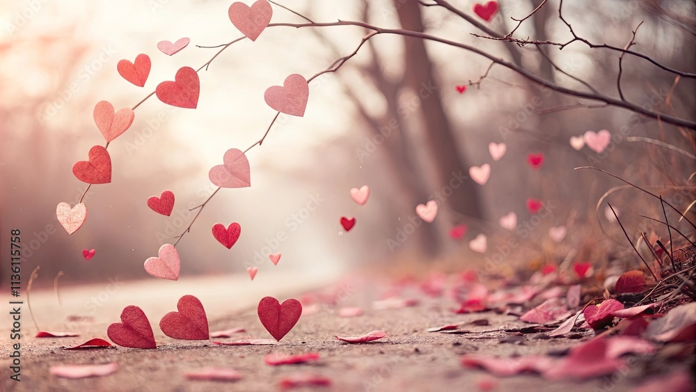 Poster a beautiful scene of red hearts scattered across a path