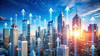 Obraz premium Dynamic City Skyline with Ascending Arrows Representing Growth and Progress in Urban Development, Showcasing Tall Buildings Against a Clear Blue Sky for Inspiring Visuals
