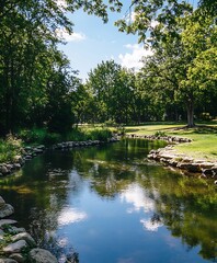Tranquil Park Landscape Featuring a Serene Pond Surrounded by Lush Greenery and Trees : Generative AI