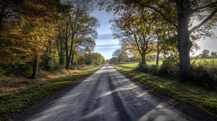 Fototapeta premium Bright Sunny Autumn Road Through Countryside Lined with Colorful Trees and Open Fields : Generative AI