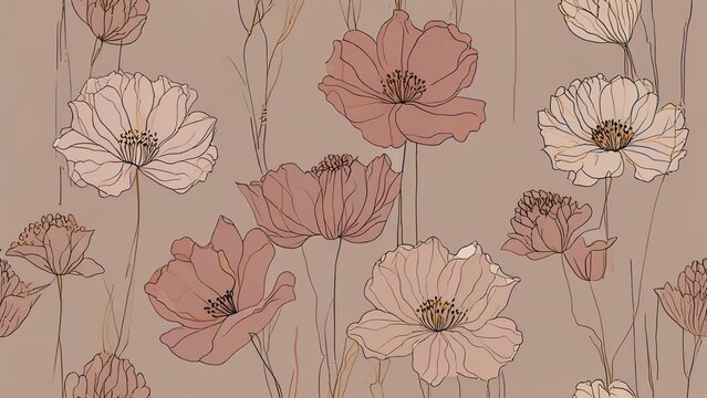 A minimalist line art wall mural featuring large, white flowers with long stems and delicate petals. The background is a soft, neutral color with abstract shapes