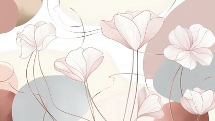 A minimalist line art wall mural featuring large, white flowers with long stems and delicate petals. The background is a soft, neutral color with abstract shapes