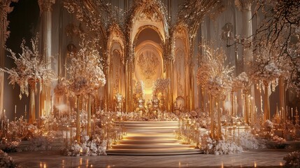 Fototapeta premium A lavish wedding setup with a stage adorned with towering golden candle stands and intricate floral decorations