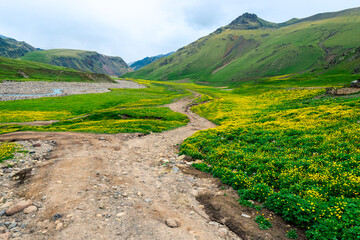 A dramatic scenic landscape with a dirt road descending into the Emmanuel Valley in the Elbrus region