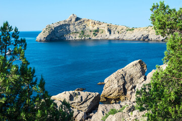 Picturesque seascape with beautiful view of Cape Kapchik and the Black Sea. Crimean Peninsula. Russia