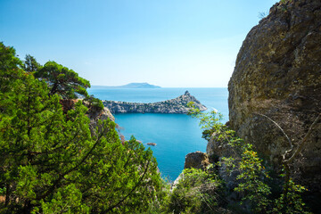 Picturesque seascape with beautiful view of Cape Kapchik and the Black Sea. Crimean Peninsula. Russia