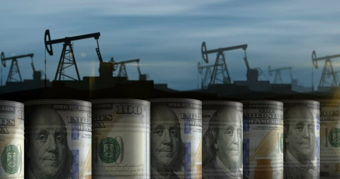 Iraq oil business and fuel extraction barrels in row seamless and loopable concept. Iraqi petrol industrial containers.