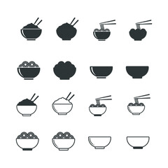 Collection of Food Bowl Icons Featuring Rice, Noodles, and Chopsticks
