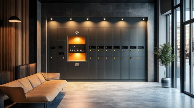 A smart parcel locker system integrated with traditional mailboxes in a stylish apartment building lobby