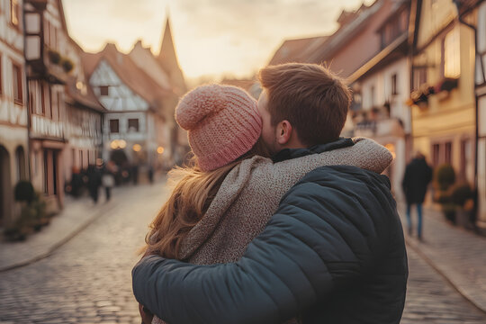 A romantic couple embraces while walking down a charming cobblestone street in a historic village during a serene sunset, creating a warm and intimate atmosphere.
