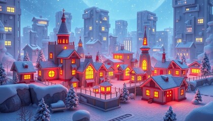 3d Futuristic Christmas Village Made of Glowing Cubes. Set in a Digital Snow-Covered City. Free Christmas Background. Chrismas Wallpaper. Cool Wallpaper 4k