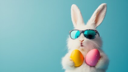 Funny white bunny wearing sunglasses holds colorful easter eggs in bright blue background