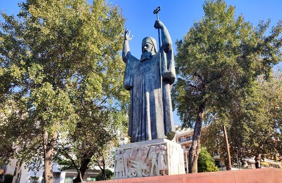Photo of the statue of Saint Chrysostomos of Smyrna (1867-1922), located in Nea Smyrni, Attica. He was the Greek Orthodox metropolitan bishop of Smyrna (Izmir).