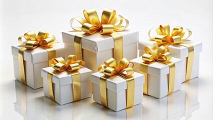 Obraz premium Elegant White Gift Boxes with Golden Bows on a Minimalist White Background, Perfect for Celebrations, Holidays, and Special Occasions, Ideal for Product Photography