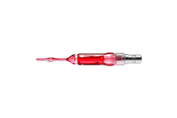 Precise drop of red medication from needle tip. isolated on white background or png background or transparent background.
