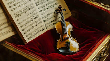 Close-up of classical music sheet notes on a wooden music stand, highlighting the intricate details...