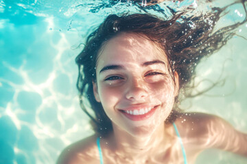 Joyful young woman swimming underwater at a pool captured in gigapixel quality bright and inviting environment