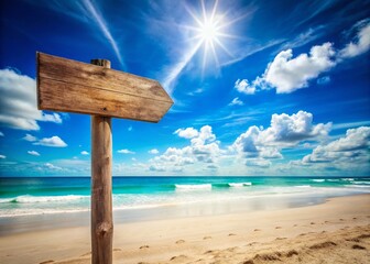 Empty Beach Signpost: Coastal Tourism, Travel Destination, Wooden Pointer, Ocean View, Summer Vacation, Tropical Paradise