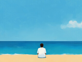 Fototapeta premium Burnout recovery stress recharge and relaxation. A person sitting on the beach, gazing at the tranquil ocean under a clear blue sky, evoking a sense of peace and contemplation.
