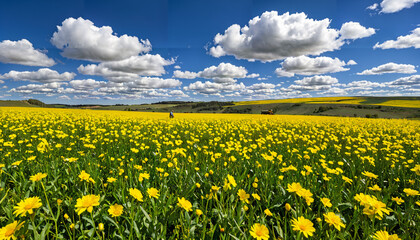 Obraz premium Champs de fleurs jaunes sous un ciel nuageux