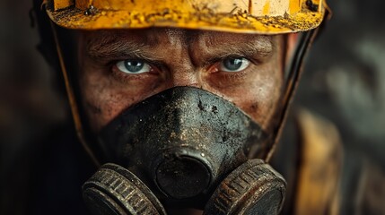 Fototapeta premium Close-up portrait of a coal miner's intense gaze