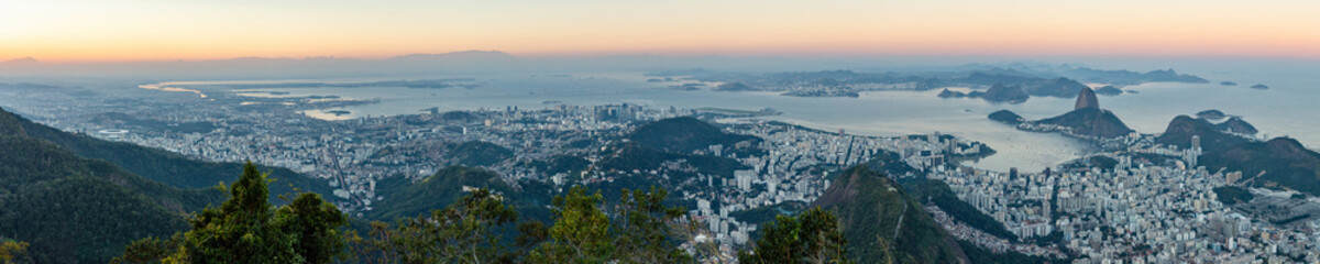 Panoramic view of the city of Rio de Janeiro with Sugarloaf Mountain, Guanabara Bay and beach, Brazil