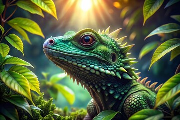 Obraz premium Enchanting Macro Photography of a Green Dragon with Intricate Scales, Lush Green Background, and Captivating Details of Nature's Mystique