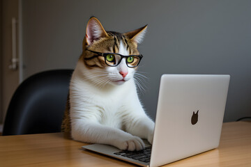A Serious  Cat with Glasses Working on a laptop