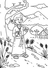 Religious and Kind Man Journey in Bible children Coloring page and Sheet Illustration