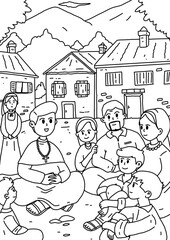 Religious and Kind Man Journey in Bible children Coloring page and Sheet Illustration