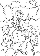 Religious and Kind Man Journey in Bible children Coloring page and Sheet Illustration