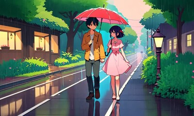 Romantic walk under a red umbrella through a rainy city street at dusk - Powered by Adobe