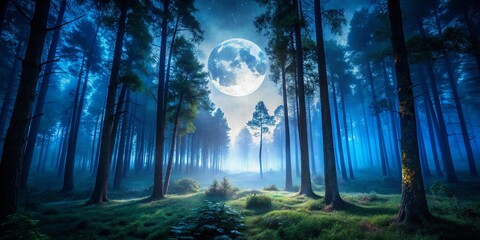 Obraz premium Ethereal Moonlit Forest: Dreamlike Night Photography, Mystical Woodscape, Dark Fantasy, Surreal Nature