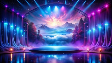 Obraz premium Ethereal Purple Blue Stage Landscape, Glowing Center, Fantasy Scene, Magical Night, Dreamlike Photography
