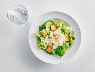 A fresh salad with lettuce, croutons, and cheese, accompanied by a glass of water.