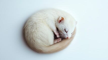 Playful white animal curled up minimalist background close-up cozy environment adorable concept