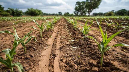 Naklejka premium A field where crops have been planted but are struggling to grow due to soil pollution, with wilted leaves and stunted growth. 