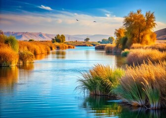 Obraz premium Euphrates River Photos: Stunning Bokeh Images of Current River Scenes, Mesopotamia Waterways, Iraq, Syria, Turkey
