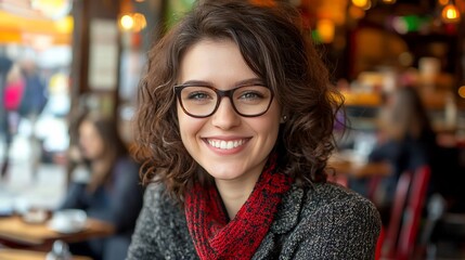Happy young woman smiling in cafe.