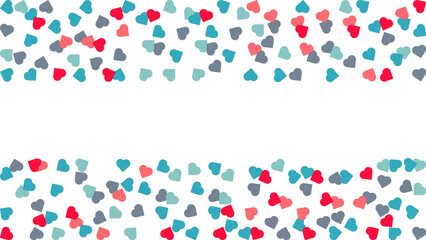 Festive falling confetti heart shapes isolated on transparent background. Greeting design element for congratulations card, poster, decoration, banner, valentines day template, border frame.