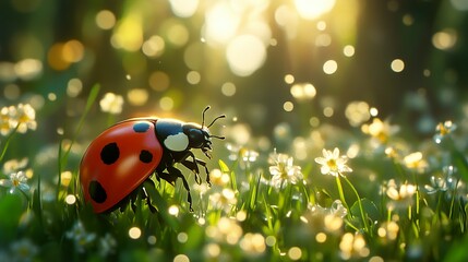 Naklejka premium Ladybug in a Flower Meadow: A Stunning Macro Shot