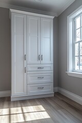 White built-in wardrobe with drawers in a room with wood floor and window.