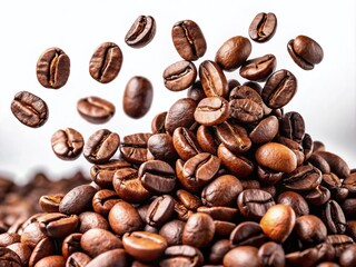 Naklejka premium Falling Coffee Beans Isolated on White Background for High-Quality Fashion Photography and Creative Culinary Designs
