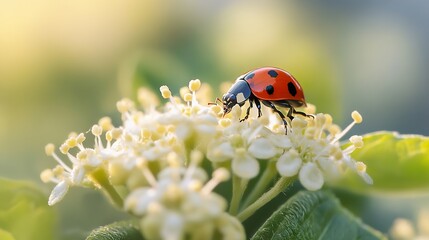 Fototapeta premium Ladybug on White Flower: A Stunning Macro Shot