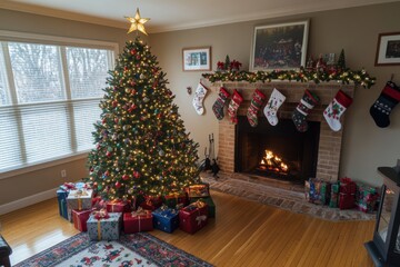 A Beautifully Decorated Christmas Tree and Fireplace Scene Festive Holiday Home Interior