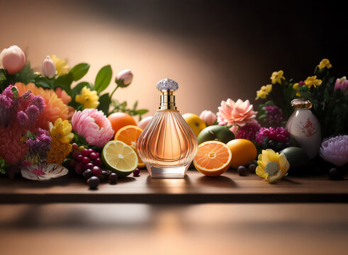 A luxurious perfume bottle, elegantly shaped, sits amidst a vibrant still life of colorful flowers and juicy fruits, bathed in warm, soft light.  The scene evokes a feeling of opulence and natural bea